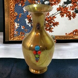 Vintage Brass Vase Semi Precious Stone Inlay Marked India Boho